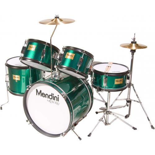  Mendini by Cecilio 16 inch 5-Piece Complete Kids/Junior Drum Set with Adjustable Throne, Cymbal, Pedal & Drumsticks, Metallic Green, MJDS-5-GN