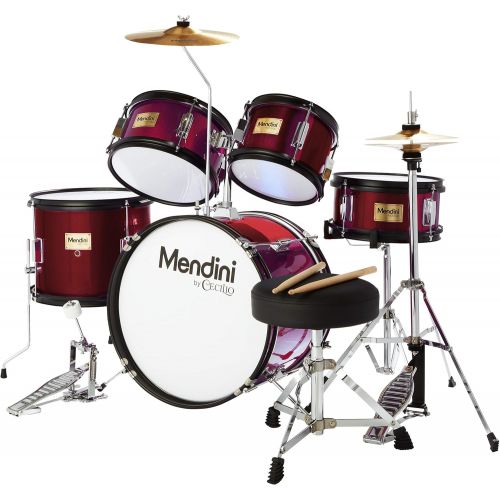  Mendini by Cecilio 16 inch 5-Piece Complete Kids/Junior Drum Set with Adjustable Throne, Cymbal, Pedal & Drumsticks, Metallic Wine Red, MJDS-5-WR