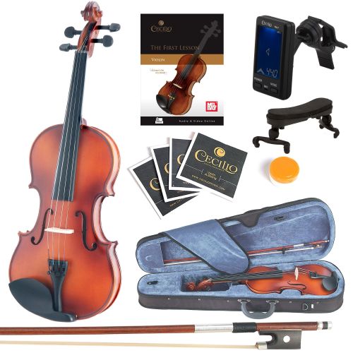  Mendini by Cecilio Mendini Full Size 44 MV300 Solid Wood Violin wTuner, Lesson Book, Shoulder Rest, Extra Strings, Bow, 2 Bridges & Case, Satin Antique Finish