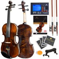 Mendini by Cecilio 44 MV500 Flamed Solid Wood 1-Piece Back Full Size Violin with Tuner, Lesson Book, Shoulder Rest, 2 Bows, Extra Strings, Rosin, 2 Bridges and Case