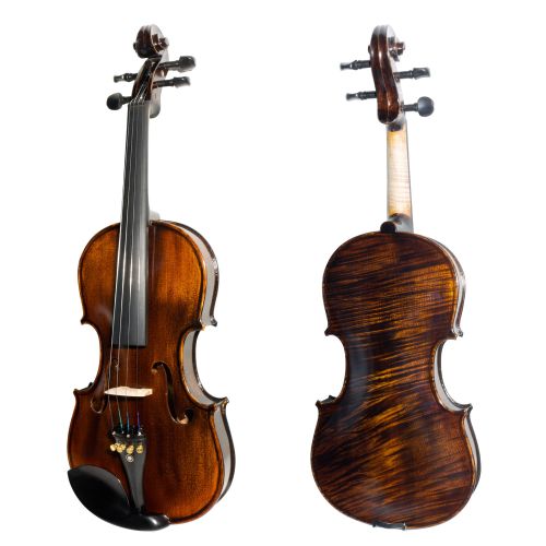 Mendini by Cecilio 44 MV500 Flamed Solid Wood 1-Piece Back Full Size Violin with Tuner, Lesson Book, Shoulder Rest, 2 Bows, Extra Strings, Rosin, 2 Bridges and Case