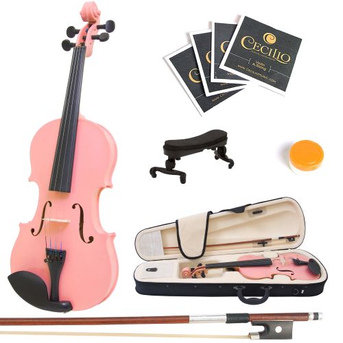  Mendini by Cecilio Full Size 44 MV-Pink Handcrafted Solid Wood Violin Pack with 1 Year Warranty, Shoulder Rest, Bow, Rosin, Extra Set Strings, 2 Bridges & Case, Metallic Pink