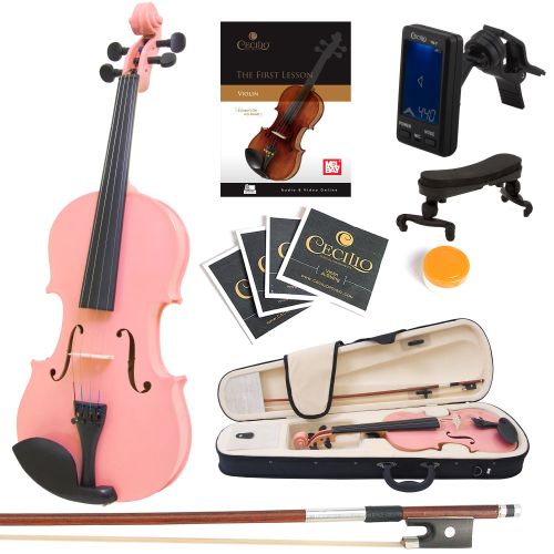  Mendini by Cecilio Mendini Size 34 MV-Pink Solid Wood Violin wTuner, Lesson Book, Shoulder Rest, Extra Strings, Bow, 2 Bridges & Case, Metallic Pink
