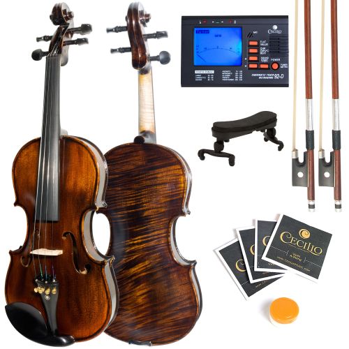  Mendini by Cecilio Size 34 MV500 Flamed Solid Wood 1-Piece Back Violin with Tuner, Shoulder Rest, 2 Bows, Extra Strings, Rosin, 2 Bridges and Case