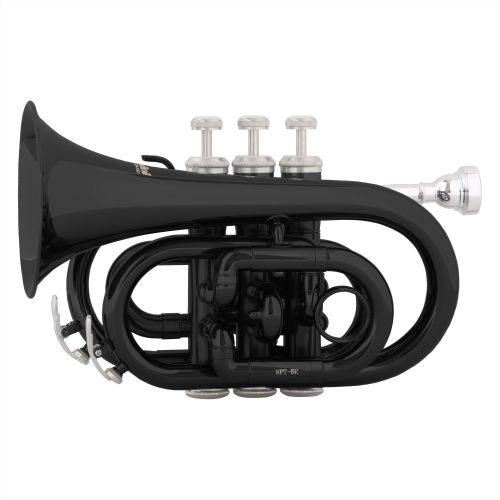  Mendini by Cecilio Black Bb Pocket Trumpet w1 Year Warranty, Tuner, Stand, Pocketbook and Deluxe Case, MPT-BK