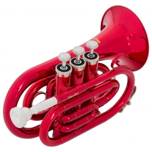  Mendini by Cecilio Red Bb Pocket Trumpet w1 Year Warranty, Tuner, Stand, Pocketbook and Deluxe Case, MPT-RL