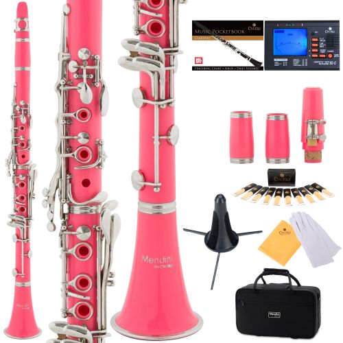  Mendini by Cecilio MCT-2PK Pink ABS Bb Clarinet w 2 Barrels, 1 Year Warranty, Stand, Tuner, 10 Reeds, Pocketbook, Mouthpiece, Case, B Flat