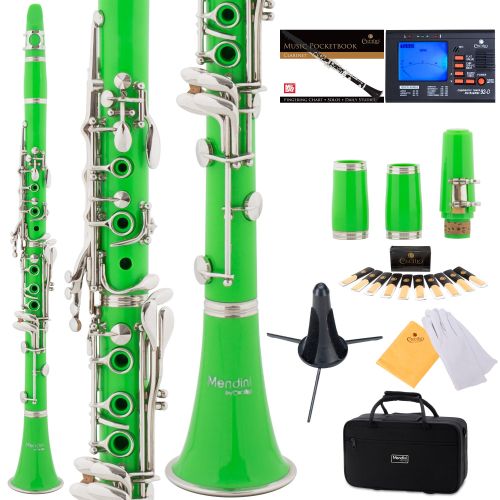  Mendini by Cecilio MCT-2G Green ABS Bb Clarinet w 2 Barrels, 1 Year Warranty, Stand, Tuner, 10 Reeds, Pocketbook, Mouthpiece, Case, B Flat