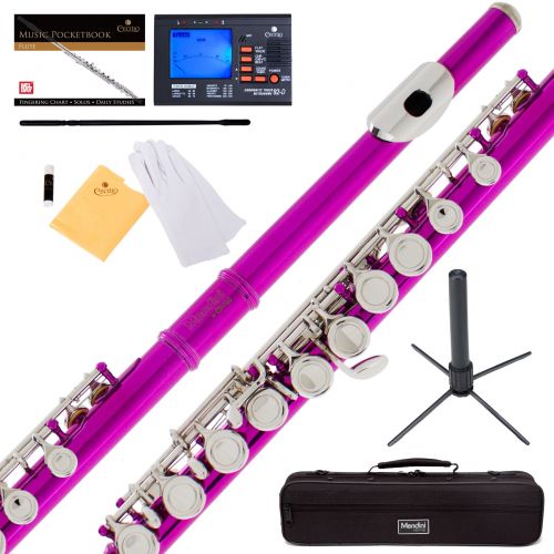  Mendini by Cecilio MFE-FS Fuchsia Pink C Flute with Stand, Tuner, 1 Year Warranty, Case, Cleaning Rod, Cloth, Joint Grease, and Gloves