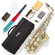 Mendini By Cecilio Eb Alto Saxophone - Case, Tuner, Mouthpiece, 10 Reeds, Pocketbook - Gold & Nickel E Flat Musical Instruments