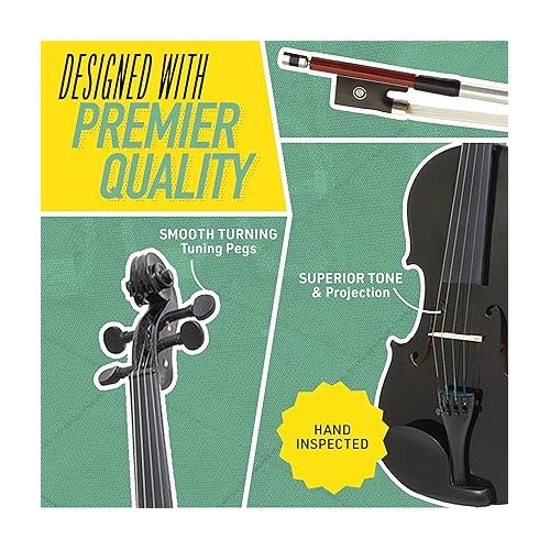 Mendini By Cecilio Violin For Kids & Adults - 4/4 MV Metallic Black Violins, Student or Beginners Kit w/Case, Bow, Extra Strings, Tuner, Lesson Book - Stringed Musical Instruments