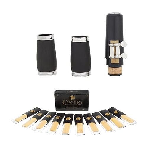  Mendini by Cecilio B Flat Beginner Student Clarinet with 2 Barrels, Case, Stand, Book, 10 Reeds, Mouthpiece and Warranty (Ebonite)