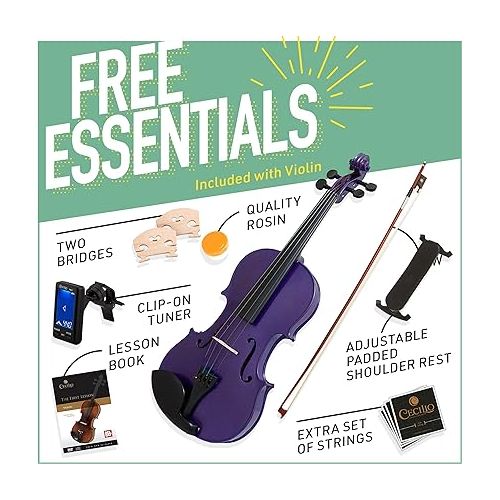  Mendini By Cecilio Violin For Kids & Adults - 4/4 MV Purple Violins, Student or Beginners Kit w/Case, Bow, Extra Strings, Tuner, Lesson Book - Stringed Musical Instruments