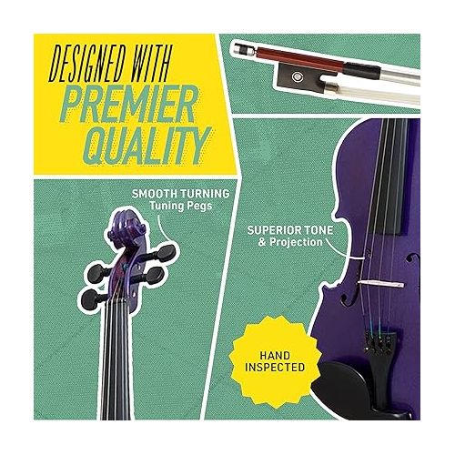 Mendini By Cecilio Violin For Kids & Adults - 4/4 MV Purple Violins, Student or Beginners Kit w/Case, Bow, Extra Strings, Tuner, Lesson Book - Stringed Musical Instruments