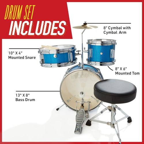  Mendini by Cecilio 13 inch 3-Piece Kids/Junior Drum Set with Throne, Cymbal, Pedal & Drumsticks (Blue Metallic)