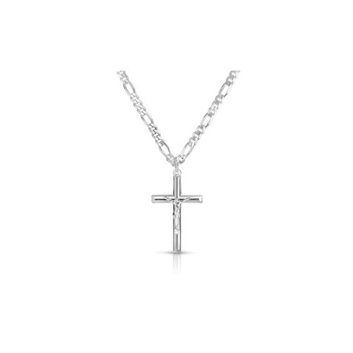  Mens Italian Solid Sterling Silver Cross Necklace With 24 Italian Figaro Chain
