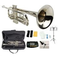 Merano B Flat Silver Trumpet with Case+Mouth Piece+Valve Oil+Metro Tuner+Black Music Stand+Trumpet Stand
