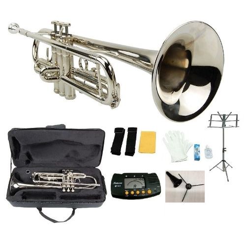  Merano B Flat Silver Trumpet with Case+Mouth Piece+Valve Oil+Metro Tuner+Black Music Stand+Trumpet Stand