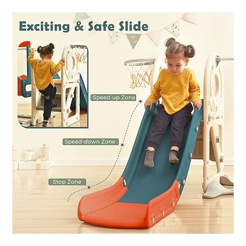  Merax Toddler Slide and Swing, Bus Playhouse Freestanding Baby Slide Playset with Basketball Hoop for Indoor Outdoor Backyard Playground