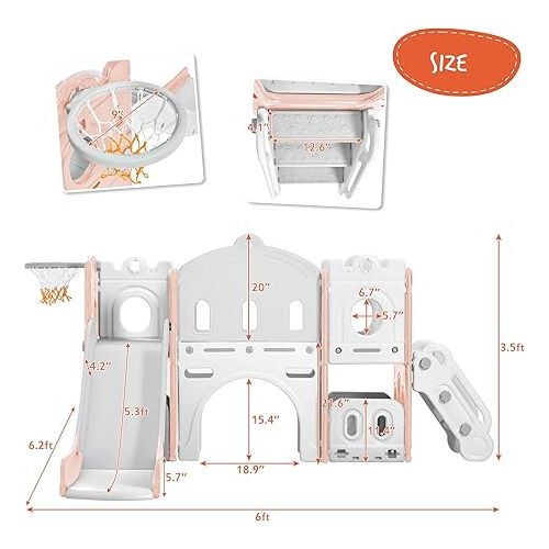  Merax 6-in-1 Kids Slide with Climber, Basketball Hoop, Tunnel and Storage Space, Outdoor Indoor Slide Playset for Toddlers Age 1-12