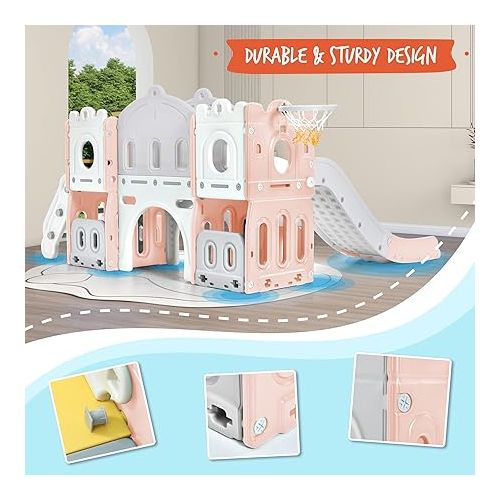  Merax 6-in-1 Kids Slide with Climber, Basketball Hoop, Tunnel and Storage Space, Outdoor Indoor Slide Playset for Toddlers Age 1-12