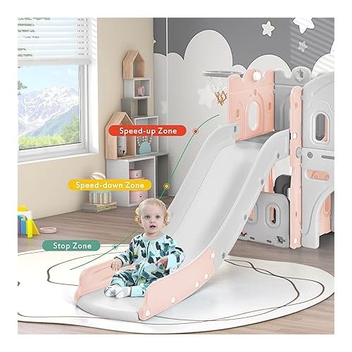  Merax 6-in-1 Kids Slide with Climber, Basketball Hoop, Tunnel and Storage Space, Outdoor Indoor Slide Playset for Toddlers Age 1-12