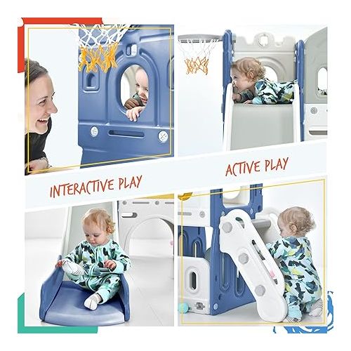  Merax 6-in-1 Kids Slide with Climber, Basketball Hoop, Tunnel and Storage Space, Outdoor Indoor Slide Playset for Toddlers Age 1-12