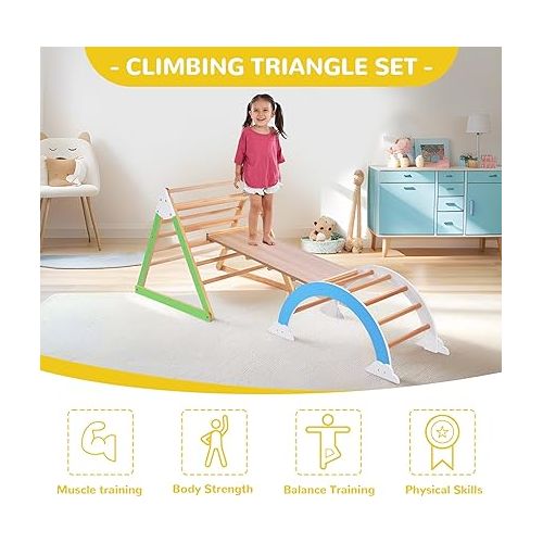  Merax Pikler Triangle Set, Indoor Climbing Triangle Ladder, 5 in 1 Wooden Climbing Gym and Climbing Arch Wood, Montessori Climbing Children Gym Toys from 3 Years