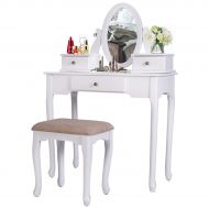 Merax Vanity Set with Flip Top Mirror Makeup Dressing Table & Cushioned Stool - 2 PC Contemporary Mirrored Make Up Desk with Bench & Removable Drawers (White)