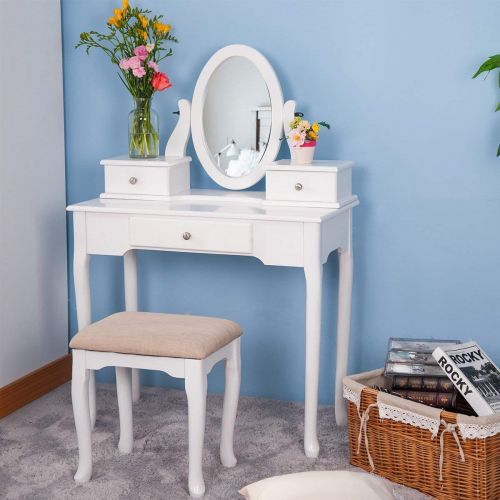  Merax Vanity Set with Flip Top Mirror Makeup Dressing Table & Cushioned Stool - 2 PC Contemporary Mirrored Make Up Desk with Bench & Removable Drawers (White)