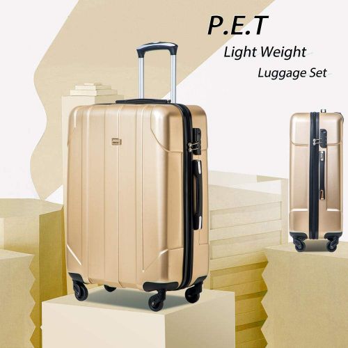 Merax 3 Piece P.E.T Luggage Set Eco-friendly Light Weight Spinner Suitcase (Gold)