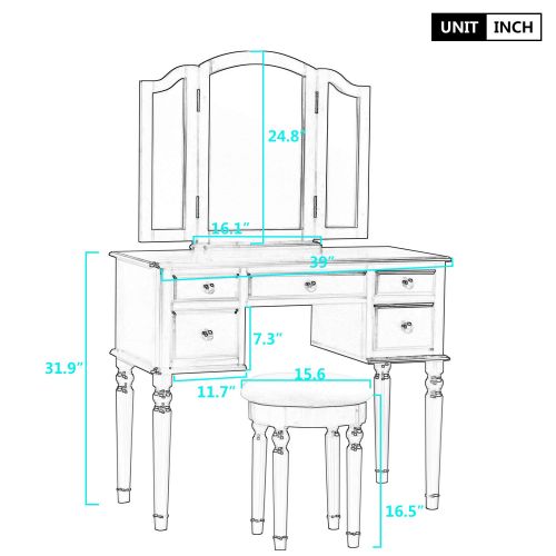  Merax. Ella Vanity Set w/Stool Tri-Folding Mirrors -Modern Makeup Vanity Table Set with 5 Drawers - Bedroom Vanity Dressing Desk(White)