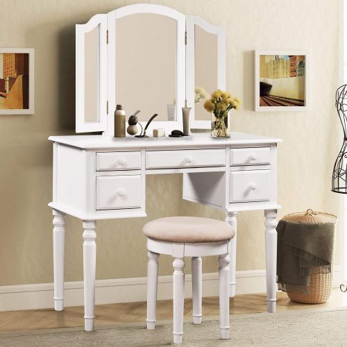  Merax. Ella Vanity Set w/Stool Tri-Folding Mirrors -Modern Makeup Vanity Table Set with 5 Drawers - Bedroom Vanity Dressing Desk(White)