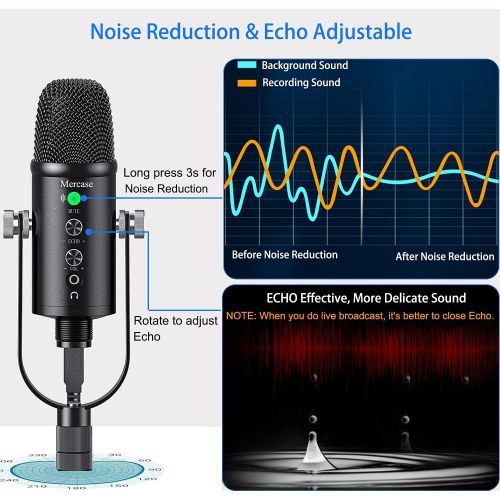  Mercase USB Condenser Microphone Compatible with PC/MAC/Ps4/iPhone/iPad/Android,Computer Mic with Noise Cancelling & Reverb, Studio Microphone for Voice and Music Recording,Podcast