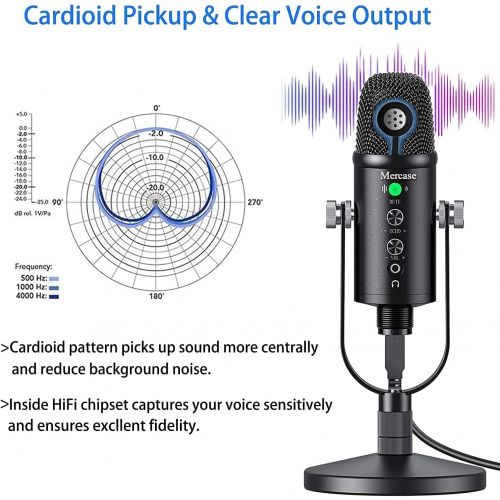  Mercase USB Condenser Microphone Compatible with PC/MAC/Ps4/iPhone/iPad/Android,Computer Mic with Noise Cancelling & Reverb, Studio Microphone for Voice and Music Recording,Podcast