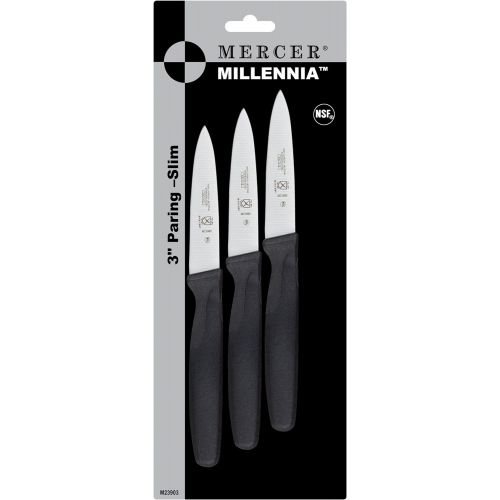  Mercer Culinary M23903 Millennia Black Handle, 3-Inch Slim Paring Knives (3-Pack), Paring Knife