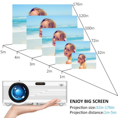  Merisny Mini Projector Portable LCD Full HD Video Projector Support 1080P 2200 Lumens Work with Fire TV Stick, HDMIVGAAVSDAVUSBLaptop for Home Theater (White)