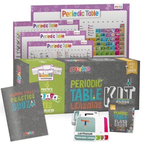  Merka Kids Periodic Table Learning Kit - Includes 4 Posters Plus 118 Flash Cards with Beautiful Images Representing Each Element Plus a Practice Book with More Than 200 Exercises