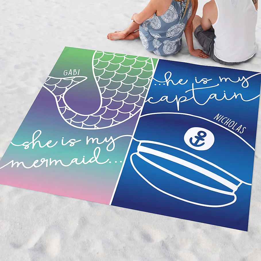 Mermaid and Captain Couple Beach Blanket