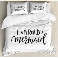 Ambesonne Im Mermaid Duvet Cover Set, Girl Writing Monochrome Calligraphic Hand Written Inspirational Arrangement, Decorative 3 Piece Bedding Set with 2 Pillow Shams, Queen Size, B