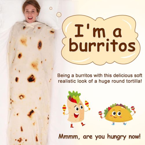  [아마존베스트]mermaker Burritos Tortilla Blanket 2.0 Double Sided 47 inches for Adult and Kids, Giant Funny Realistic Food Throw Blanket, 285 GSM Novelty Soft Flannel Taco Blanket (Yellow Blanke
