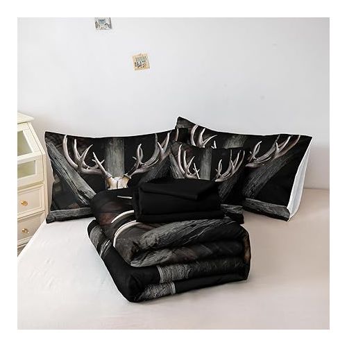  Merryword Skull Bed in a Bag Dark Brown Comforter Set Full Size Retro Deer Comforter Set Shabby Lodge Cabin Bedding with 8 Pieces Antlers Bed Set Perfect for Rustic Home Cottage Style Decor