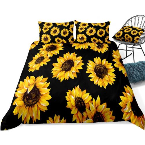  [아마존베스트]Merryword Black Sunflowers Bedding Yellow Black Duvet Cover Set Gold Yellow Sunflowers Printed Black Boys Girls Bedding Sets Twin 1 Duvet Cover 1 Pillowcase (Twin, Black Sunflowers)