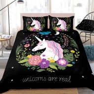 Merryword Princess Unicorn Duvet Cover Set Black Unicorn Bedding Black Pink Girls Flower Bedding Sets Queen (90 x 90) 1 Duvet Cover 2 Pillowcase