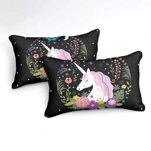  Merryword Princess Unicorn Duvet Cover Set Black Unicorn Bedding Black Pink Girls Flower Bedding Sets Queen (90 x 90) 1 Duvet Cover 2 Pillowcase