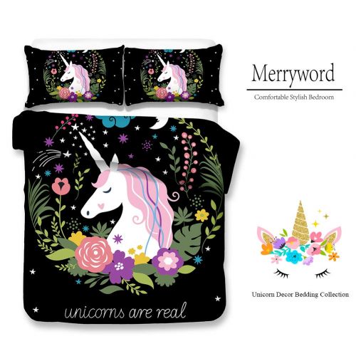  Merryword Princess Unicorn Duvet Cover Set Black Unicorn Bedding Black Pink Girls Flower Bedding Sets Queen (90 x 90) 1 Duvet Cover 2 Pillowcase