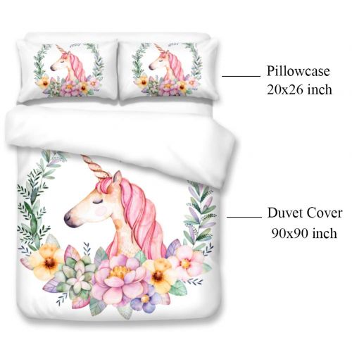  Merryword Princess Unicorn Duvet Cover Set Black Unicorn Bedding Black Pink Girls Flower Bedding Sets Queen (90 x 90) 1 Duvet Cover 2 Pillowcase