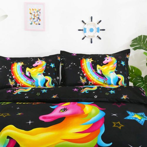  Merryword Princess Unicorn Duvet Cover Set Black Unicorn Bedding Black Pink Girls Flower Bedding Sets Queen (90 x 90) 1 Duvet Cover 2 Pillowcase