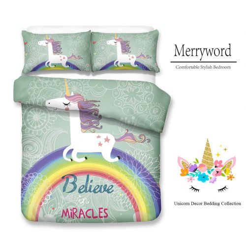  Merryword Princess Unicorn Duvet Cover Set Black Unicorn Bedding Black Pink Girls Flower Bedding Sets Queen (90 x 90) 1 Duvet Cover 2 Pillowcase