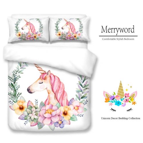  Merryword Princess Unicorn Duvet Cover Set Black Unicorn Bedding Black Pink Girls Flower Bedding Sets Queen (90 x 90) 1 Duvet Cover 2 Pillowcase